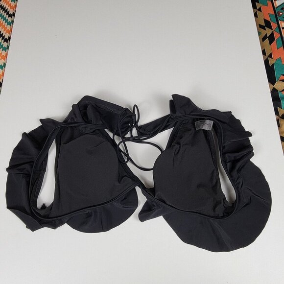 Summer Mac Swim Top Size L Black Lace Up Back  Ruffle Trim Removable Pads - Picture 4 of 10